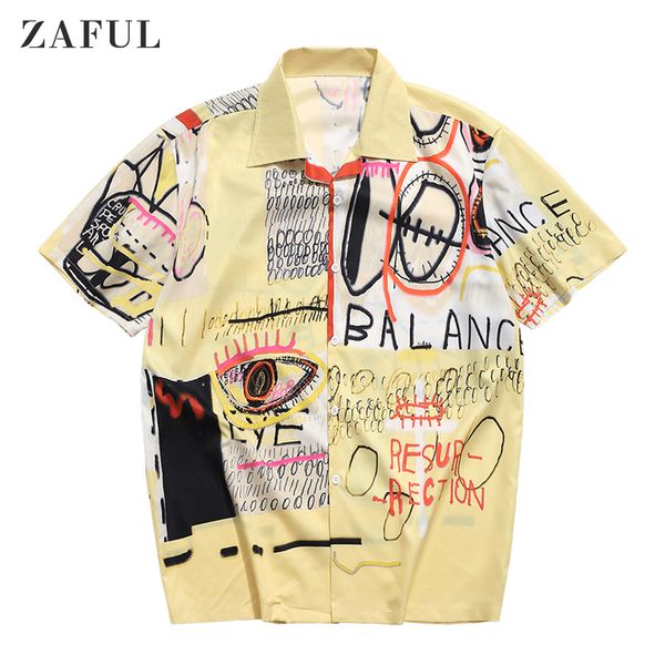 

zaful new men korean fashion shirt summer short sleeve shirt vintage letters painting graphic print loose beach button shirts, White;black