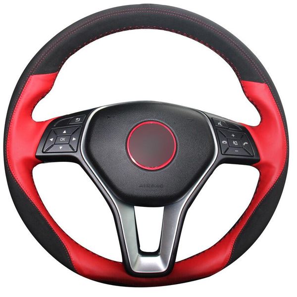 

red genuine leather black suede car steering wheel cover for mercedes benz b180