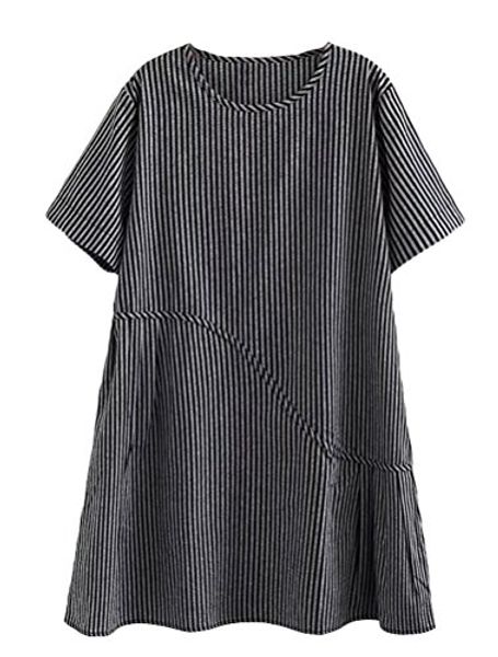 

minibee women's summer a-line casual stripe loose patchwork mid dress, Black;gray