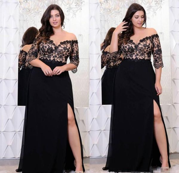

black lace chiffon plus size mother of the bride dress half sleeves high side slit women formal evening wedding guest party gowns, Black;red