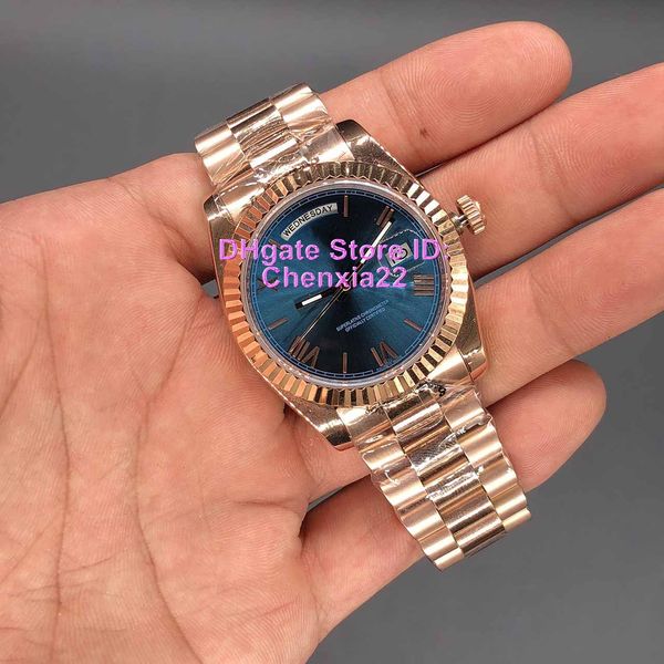 

watch blue dial day/date rose gold stainless watches mens womens automatic mechanical wristwatch 36mm, Slivery;brown
