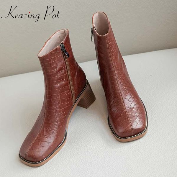 

krazing pot 2019 genuine leather square toe streetwear high heels winter keep warm zipper british school ankle boots l01, Black
