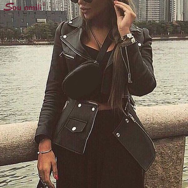 

съемная кожаная куртка женская мото-куртка rock faux с поясом jaquetas couro casaco chaqueta mujer ceinture blouse, Black
