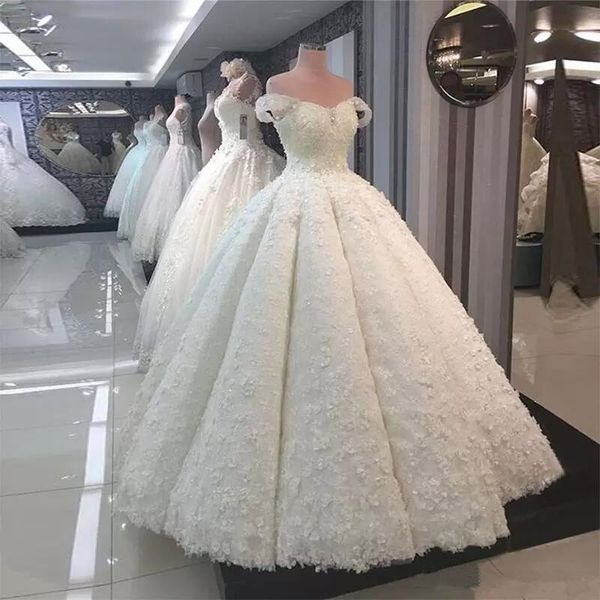 

2020 новый robe de mariée роскошные кружева свадебное платье 3d цветочный аппликация princess bridal свадебные платья arabic с плеча бальное, White
