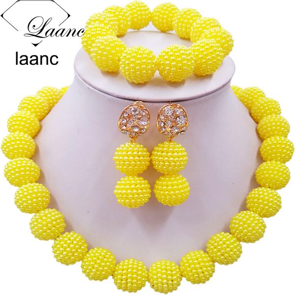 

laanc yellow simulated pearl beads african jewelry set nigerian wedding necklace sp1r012, Slivery;golden