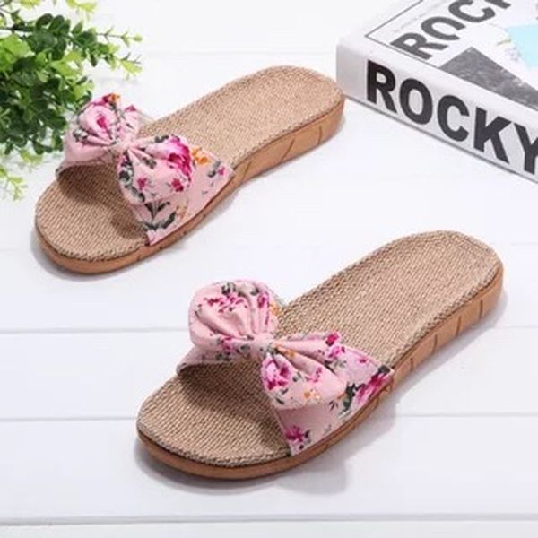 

sell women flax slippers summer casual slides beach shoes ladies indoor shoes home linen slippers floral bow-knot flip flops, Black