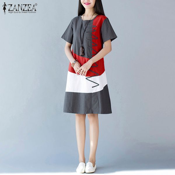 

casual patchwork dress women's summer sundress 2020 zanzea casual short sleeve knee length vestidos female o neck robe plus size, Black;gray