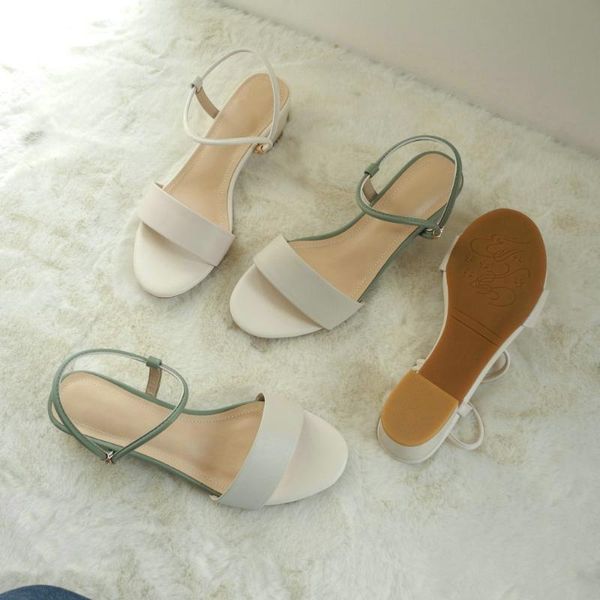 

genuine leather women round toe chunky heel comfor weding new woman sandals 2020 summer green beige white 34-40, Black