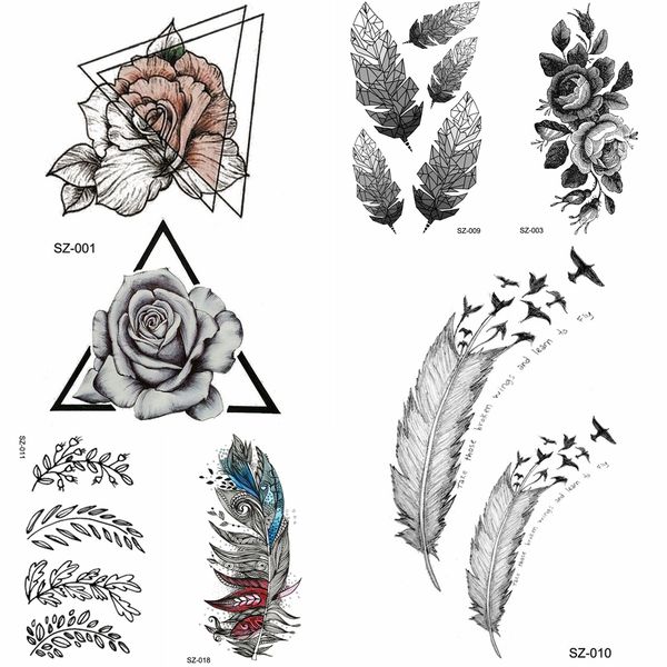 Acheter Yuran Noir Triangle Fleur Tatouage Temporaire Autocollants Femmes Corps Bras Faux Tatouages Tribal Plume Oiseau étanche Rose Tatouage De