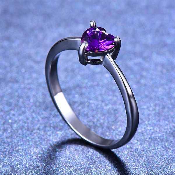 

elegant female small purple heart ring crystal silver color solitaire engagement ring vintage wedding band rings for women, Slivery;golden