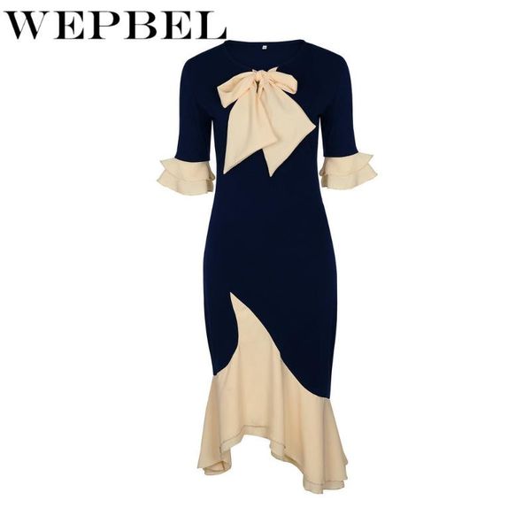 

wepbel women dress slim fit elegant patchwork flare sleeve dresses o-neck irregular hem office lady bow vestidos, Black;gray