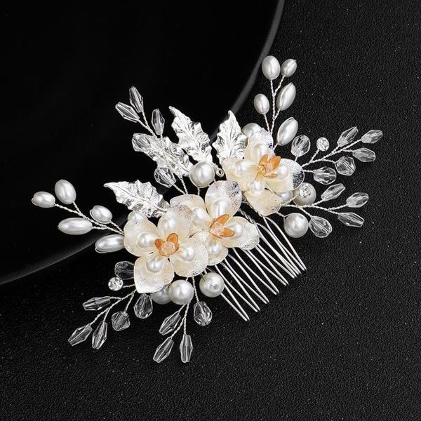 

silver color leaf style women hair combs pearl crystal wedding hair jewelry accessories handmade head decoration ornament, Golden;white