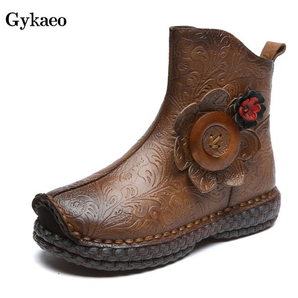 

gykaeo 2019 autumn new plus velvet women boots ladies genuine leather printing flower winter shoes non-slip ethnic retro boots, Black