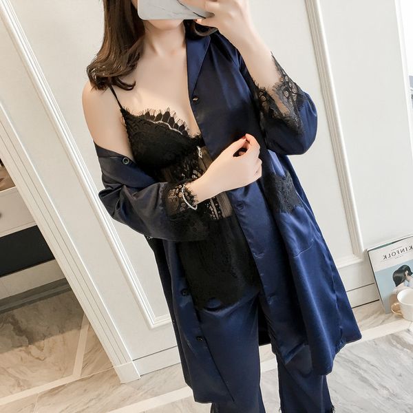 

lisacmvpnel 3 pcs lace women pajama sets with pad nightdress female sleepwear set, Black;red