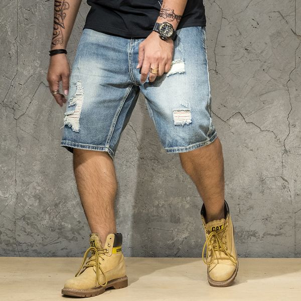 

plus size 46 new fashion leisure mens hole ripped short jeans brand clothing summer cotton breathable tearing denim shorts blue