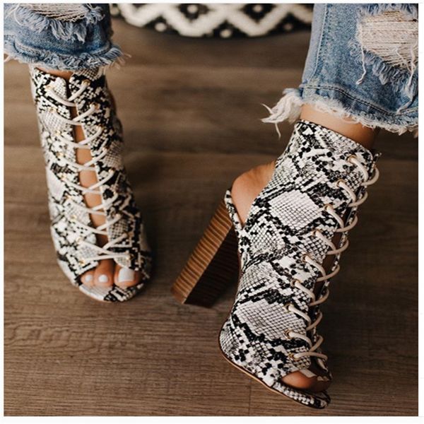 

2019 novelty pu women boots shoes serpentine square high heels peep toe summer hollow out lace-up party size 35-42, Black