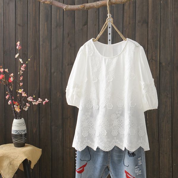 

kyqiao white blouses woman 2019 summer japanese style bohemian ethnic o neck half sleeve white embroidery shirt