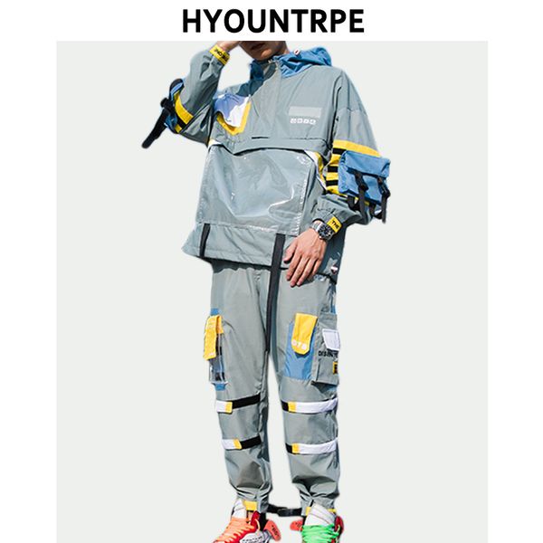 

2 pieces sets mens fashion cargo pullover tracksuit with pockets jackets and loose fit elastic waist pants hip hop set, Gray