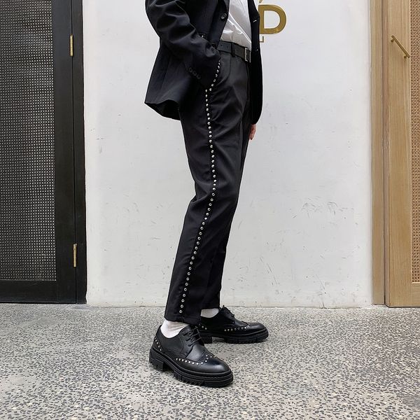 

men rivet fashion casual slim fit pant fashion show suit trousers male streetwear vintage punk hip hop style pants, Black
