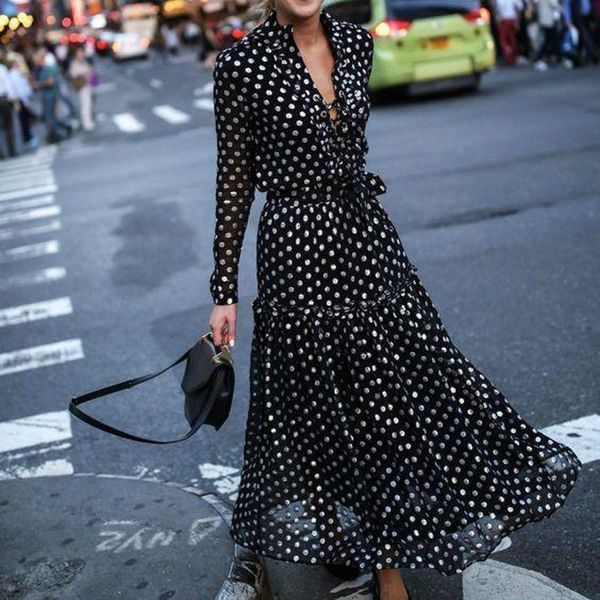 

women long maxi dresses bohemia v-neck long sleeve dots print ethnic summer beach female ruffles stylish style dress, Black;gray