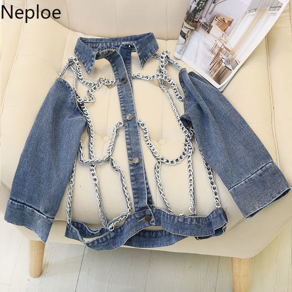 

neploe fashion chains patchwork denim jackets women long sleeve hollow out coat streetwear female 2019 harajuku jean jacket, Black;brown