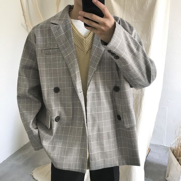 

nice vintage check casual blazer masculino fashion smart double breasted three quarter cotton tunic, White;black