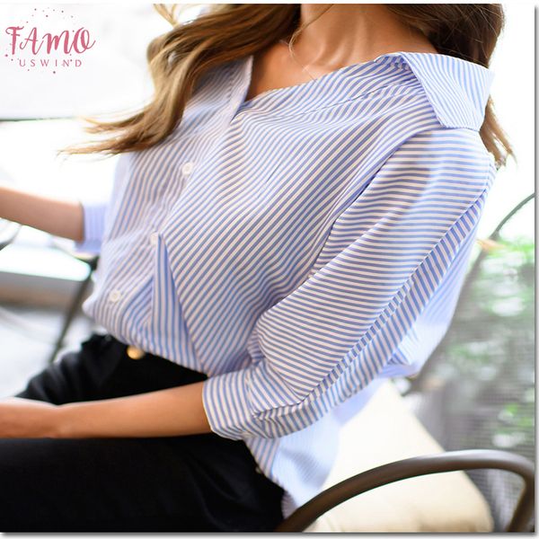 

women v neck blue striped button blouse 2020 spring summer new three quarter sleeve casual fashion lady loose, White