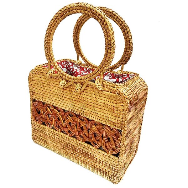 

woven womens bamboo handbag with wooden handle shape female retro beach straw tote clutch wicker handbag