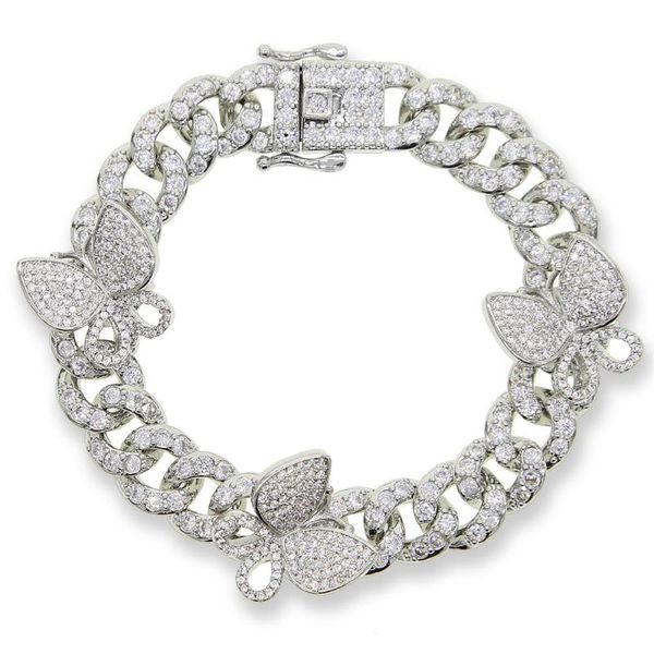 

charm bracelets 10mm cuban chain butterfly bracelet silver color cz bangle bling hip hop jewelry for men women gift, Golden;silver