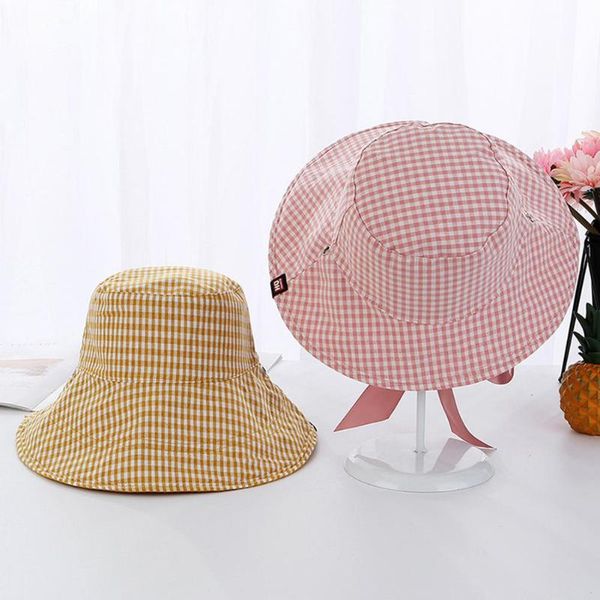 

female elegant wide brim sun hat bowknot ribbon cotton blend plaid cap women hat summer korean hats, Blue;gray