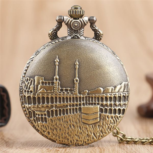 

classic castle building quartz pocket watch bronze antique necklace pendant chain women men watches birthday reloj de bolsillo, Slivery;golden