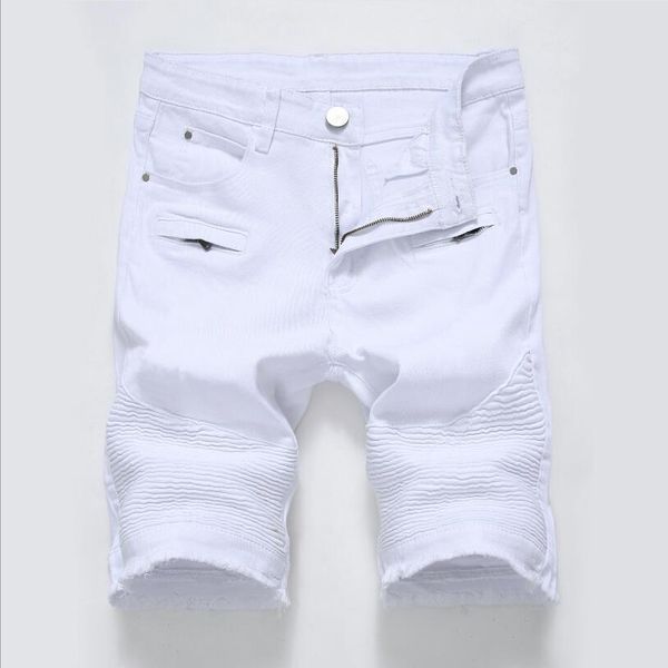 

men white denim shorts pleated jean shorts new fashion men stretch short jeans moto biker style denim size 42, Blue