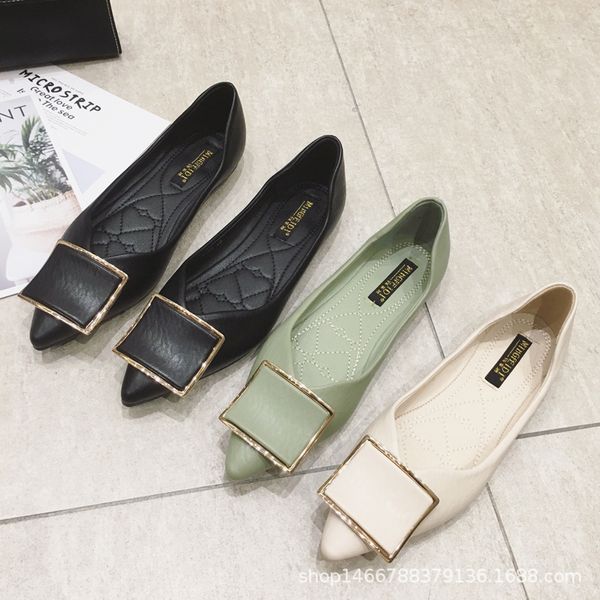 

new style spring square buckle pointed flat large size women's shoes 40-43 moccosins, Black