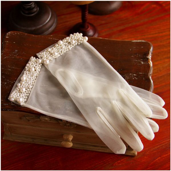 

women' elegant pearl beaded perspective mesh short gloves female white color lace glove r1250, Blue;gray