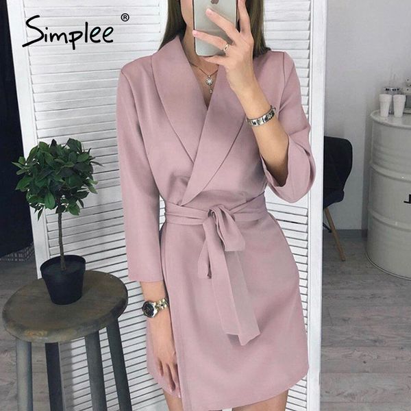 

simplee elegant v-neck office dress plus size solid sash high waist long sleeve blazer dress casual spring chic bodycon, Black;gray