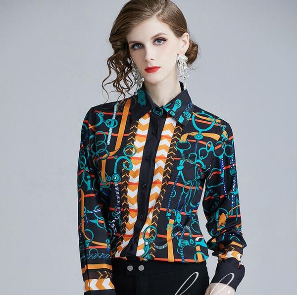 

green circle chain print long sleeve blouses ol style shirts lapel neck women shirts spring fashion button detail ladies blouses, White