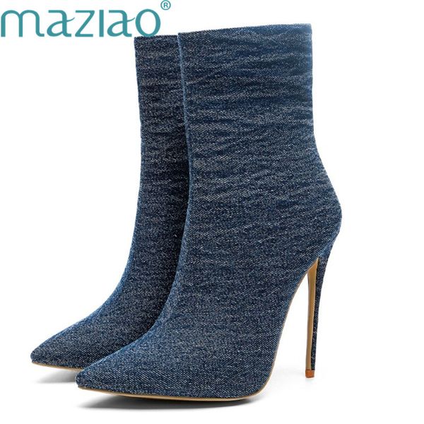 

ladies shoe denim pointed toe side zipper short plush warm rubber ankle boots for women high heels maziao, Black