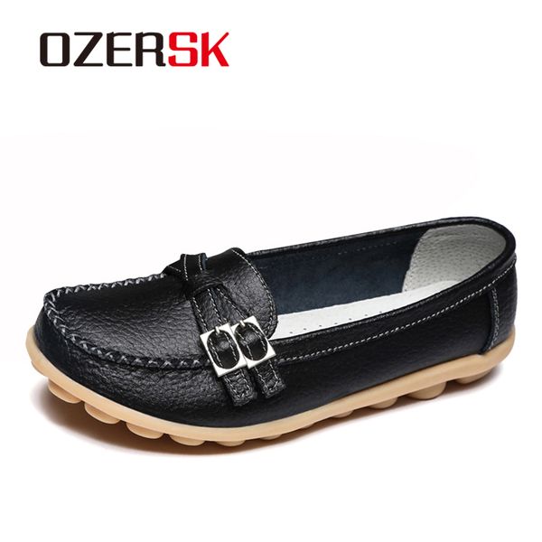 

soft genuine leather shoes women slip on woman loafers moccasins female flats casual women's buckle boat shoes plus size 35-42, Black