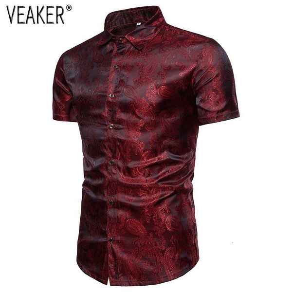 

2019 new men short mouwen shirts male red white side satine flowers printed shirt  -3xl, White;black