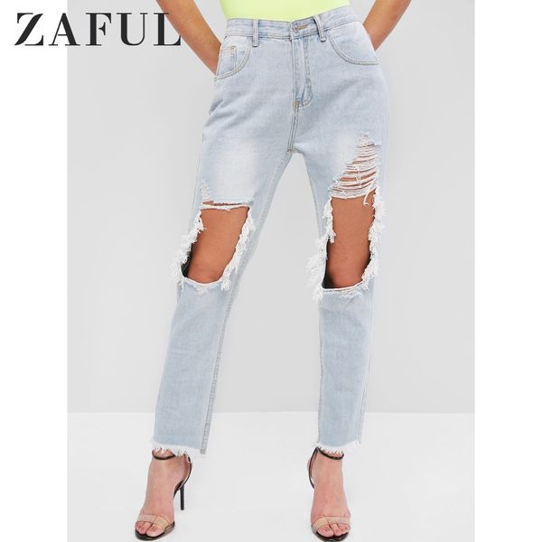 

zaful ripped cut out frayed jeans light wash pocket high waisted zipper outwear cotton denim hollow out autumn jeans women, Blue