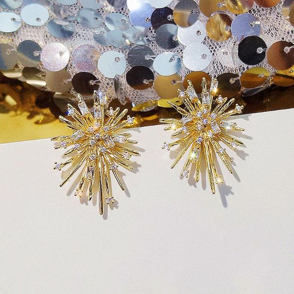 

korea exaggerated fireworks design full rhinestone crystal big flower ball stud earrings for women elegant oorbellen, Golden;silver