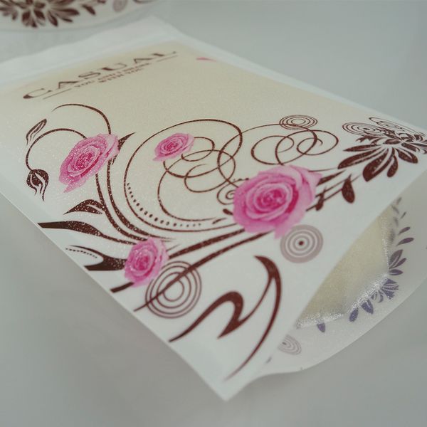 Busta con cerniera bianca opaca trasparente 12x20 + 4 cm stampa fiore rosa, chiusura con cerniera richiudibile Doypack per imballaggio in chicchi di caffè, sacchetti di plastica per alimenti