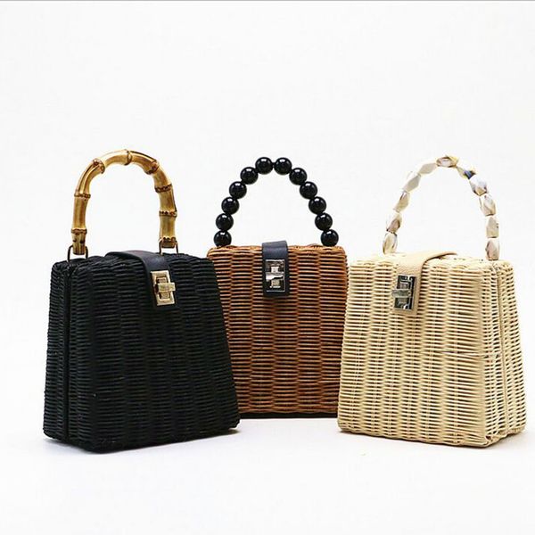 

мода chic bamboo черный роскошные бисера соломы сумка женщины rattan box tote сумки летние путешествия сумка ручной работы сплетенный бич кр