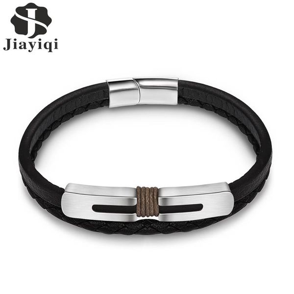 

jiayiqi trendy stainless steel men jewelry bracelet braided leather rope chain bangle magnetic clasp wristband hiphop party gift, Golden;silver