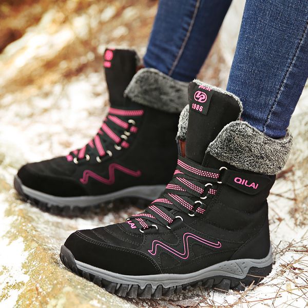 

women's winter boots wedges cow suede warm snow boots ladies plush solid ankle female cross tied platform shoes woman, Black