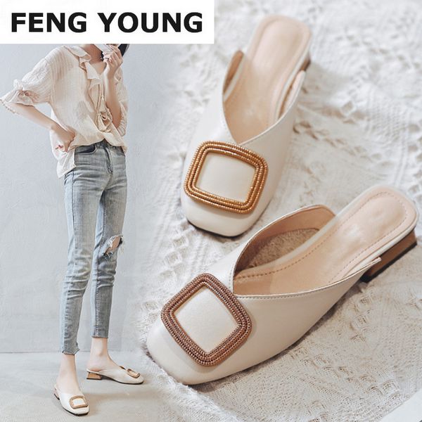 

slippers woman wood low heels mules women square toewomen's slip on british shoes ladies fashion metal pump plus size 43, Black