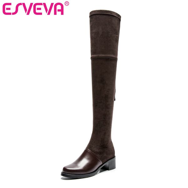 

esveva 2020 over the knee boots winter women boots wedge med heel zipper flock fashion motorcycle platform size 34-39, Black