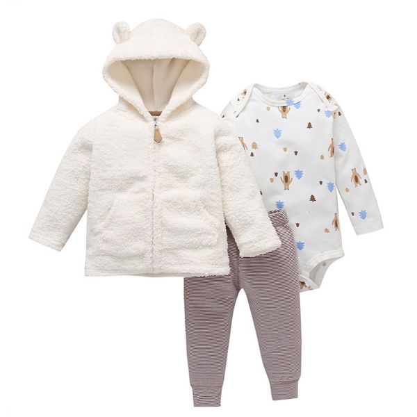 

baby's sets three-piece romper long-sleeed trousers boys and girls cartoon pants hooded jacket bodysuit cotton combed cotton, White