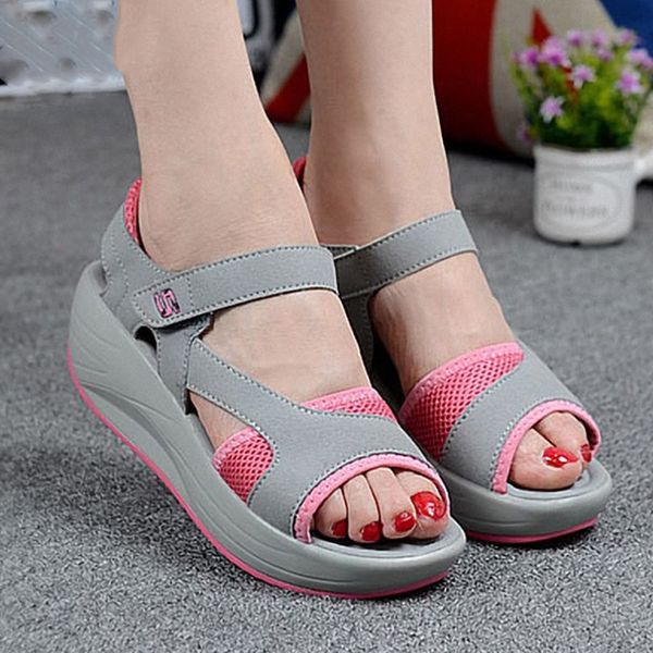 

summer young women female ladies stylish casual open toe wedge heels hollow out hook&loop sandals waddle flat shoes, Black