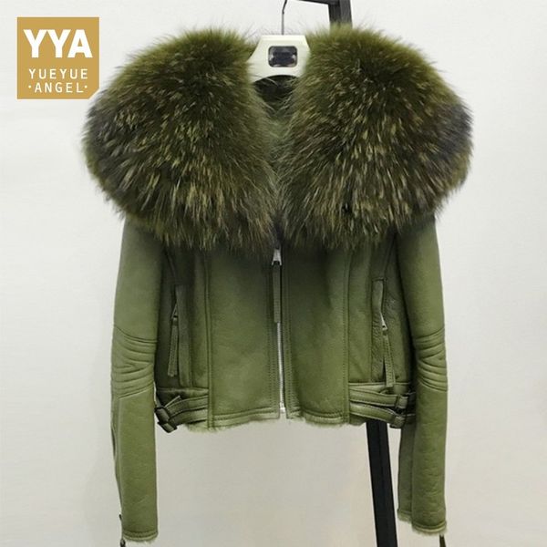 

women real sheep fur coat winter warm fashion genuine sheepskin leather shearling jacket natural real large raccoon fur collar, Black
